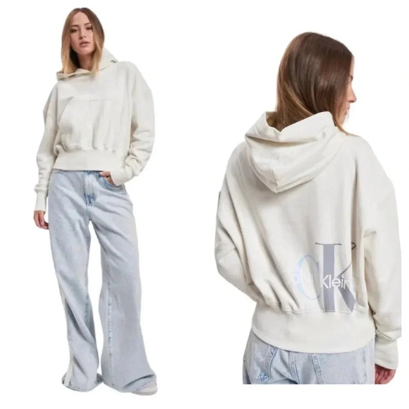 CALVIN KLEIN JEANS | Ivory Two Tone Monogram Back Logo Sweatshirt Hoodie Size L - Picture 1 of 12